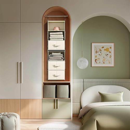 Vailando 6-Shelf Hanging Closet Organizer with 3 Drawers, 2 Separable 3-Shelf Closet Organizers and Storage for Wardrobe Organization, Hanging Dresser for Nursury & Dorm Clothes Organizer, Beige thumbnail 2