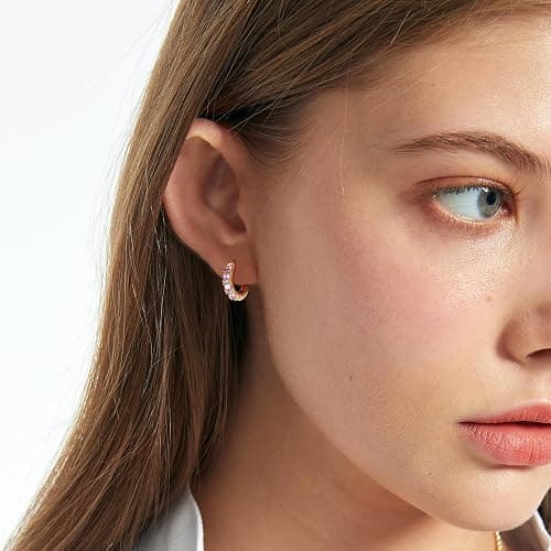 GLOQUAT 14k Gold Plated Small Hoop Earring for Women with Sterling Silver Post, Trendy Gold Pearl Earrings Opal/Aura Earring Hypoallergenic Cubic Zirconia Silver Hoop Earrings Jewelry Gift thumbnail 2