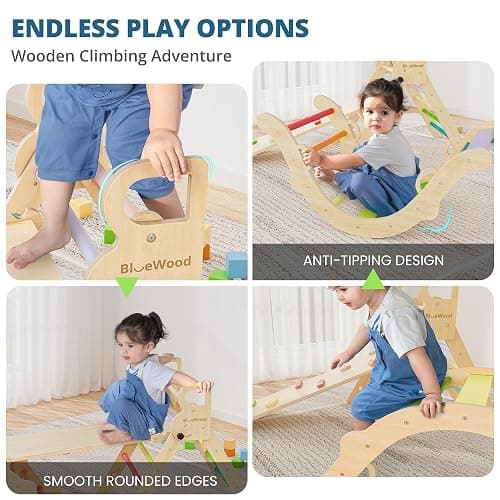 BlueWood Pikler Triangle Set, Toddler Wooden Climbing Toys Indoor 7in1 Foldable Climber for Kids, Montessori Philosophy Play Jungle Gym with Arch, Ramp, Ladder (Colorful Spring) thumbnail 4