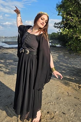 Scarlet Darkness Renaissance Costume Women Pirate Dresses Split Bell Sleeve Medieval Ren Faire Dress with Pockets thumbnail 5