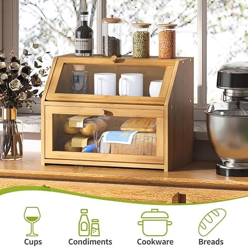 BMOSU Farmhouse Bread Box for Kitchen Countertop Bread box Double Layer Bamboo Wooden Extra Large Capacity Bin Kitchen Food Storage Container(Natural) thumbnail 6