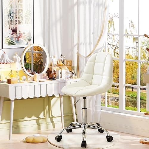 VECELO Stylish Height Adjustable Faux Leather Vanity Chair, Modern Swivel Makeup Chair with Rolling Wheels, Comfortable Padded Task Chair for Bedroom, Dressing Room & Home Office – White thumbnail 3