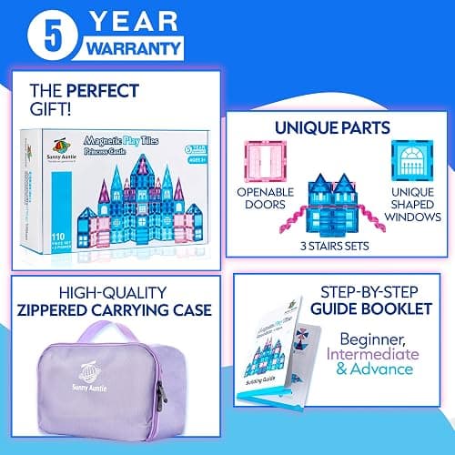 Princess Castle Magnetic Tiles 110 PCS, Zippered Carrying Case + 2 Dolls Gift Included, Magnetic Blocks, Toys for Girls, 3 4 5 6 7 8 Year Olds Birthday Gift Ideas for Girls thumbnail 2