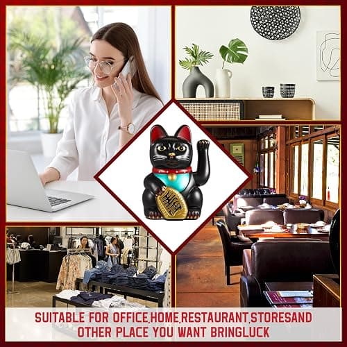 Chunful 6 Inch Lucky Cat Waving Arm Maneki Neko Lucky Beckoning Feng Shui Wealth Cat for Welcoming Fortune Wealth Prosperity Decoration, Battery Not Included(Black Color) thumbnail 6