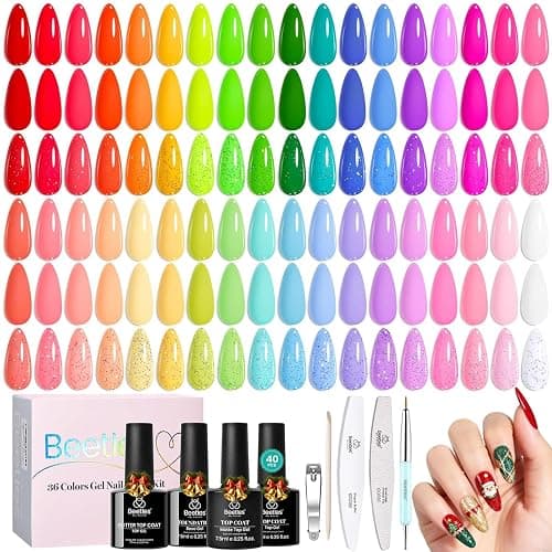 Beetles Gel Nail Polish Set, 36 Colors Neon Rainbow Bright Color Gel Polish Set with Base Coat Glossy Matte & Glitter Top Coat Pink Red Yellow Manicure Vivid Whimsy Gifts for Women - Image 1