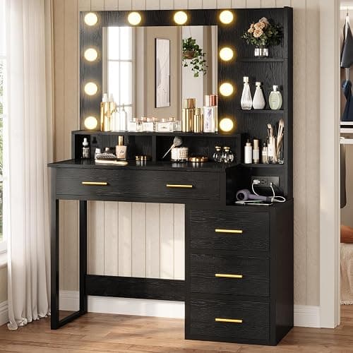 Tiptiper Makeup Vanity with Lights, Black Vanity Desk with Mirror & 3 Lighting Modes, Vanity Table with USB Ports and Outlets, Makeup Table with Nightstand & Storage Shelves & Drawers (Modern Black) thumbnail 9