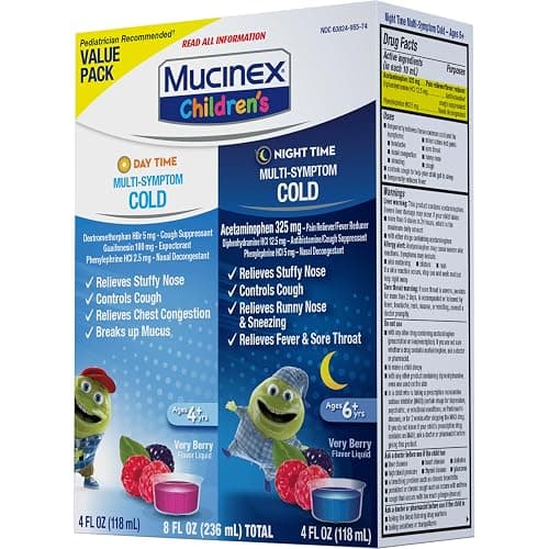 Mucinex Cold & Cough, Children's Multi-Symptom Day/Night Liquid, Very Berry, 8oz (2x4oz) Relieves Nasal & Chest Congestion, Thins & Loosens Mucus, Controls Cough, Reduces Fever, Soothes Sore Throat | For Ages 4+, Guaifenesin, Dextromethorphan HBr, Diphenhydramine HCl, Phenylephrine HCl & Acetaminophen, Alcohol-Free thumbnail 18