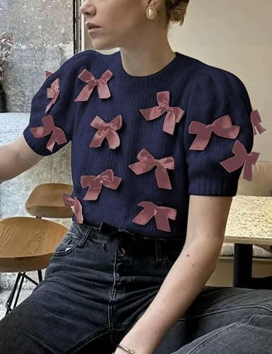 Vimida Women's Sweaters Knitted Crewneck Puff Bubble Short Sleeve Pullover Tops Casual Bow T Shirts Chic Blouses thumbnail 5