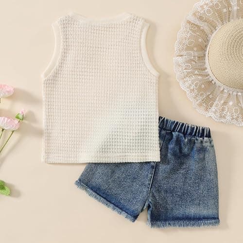 Jeinxcn Toddler Baby Girl Summer Clothes Waffle Knit Floral Embroidery Sleeveless Tank Top Jean Shorts 2Pcs Outfit Set thumbnail 3