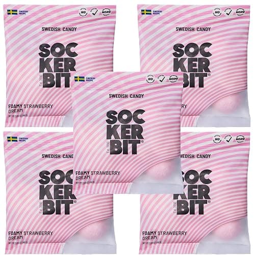 Sockerbit Swedish Candy Foamy Strawberry Dream, 5 Bags, Soft Strawberry Marshmallow Gummy Candy, Sweet Sugar-Coated Puffy & Pink Foam Gummy Candies, Gluten Free & Non GMO, 2.82oz Each Bag thumbnail 3