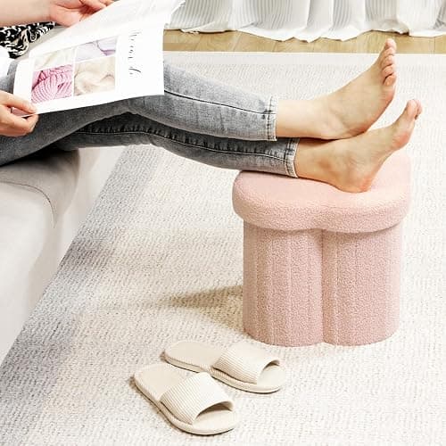 B FSOBEIIALEO Storage Ottoman Cube, Flowers Shaped Ottomans with Storage Foot Stool Footrest for Lving Room, Boucle Ottoman Seat for Dorm Room,Faux Teddy Fur, Pink 12.6"x12.6"x12.6" thumbnail 5