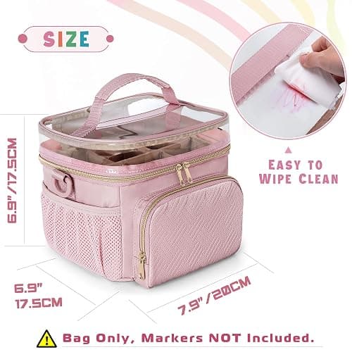 Rexmica Marker Organizer Case for 100 Markers, Marker Storage Organizer Bag with Divider and Shoulder Strap, Marker Travel Carrying Case with 3 Pockets, Pink (Patented Design) thumbnail 3