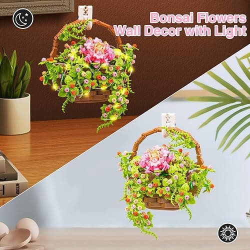 SATHIBI Flower Bouquet Building Set, Flowers Basket Bonsai Plants with Light, Botanical Collection Wall Decor, Creative Building Toy Gift for Adults (691 PCS) thumbnail 4