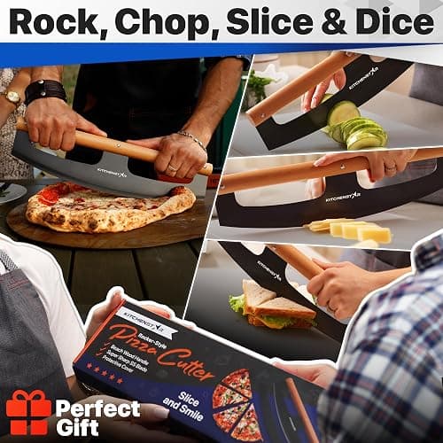 KitchenStar 16-Inch Pizza Cutter Rocker Blade - Razor Sharp Stainless Steel Slicer Knife, Stylish Beech Wood Handle, Protective Cover - Professional Pizza Oven Accessories, Black thumbnail 6