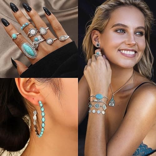 MEDOJO 26 Pcs Boho Jewelry Set for Women Bohemian Layered Western Necklace Stackable Turquoise Ring Turquoise Hoop Dangle Earrings Studs thumbnail 4