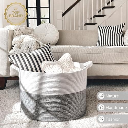 INDRESSME Large Storage Basket, 21.7'' x 13.8'' Cotton Rope Blanket Basket Living Room, Toy Organizers and Storage with Handles for Kids, Laundry Baskets for Clothes, Towel, 90L Grey thumbnail 7