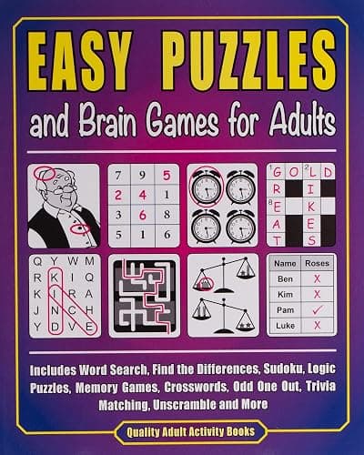 Easy Puzzles and Brain Games for Adults: Includes Word Search, Find the Differences, Sudoku, Logic Puzzles, Memory Games, Crosswords, Odd One Out, Trivia Matching, Unscramble and More - Image 1