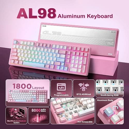 YUNZII AL98 QMK/VIA Wireless Mechanical Gaming Keyboard,Full Aluminum,BT/2.4G/USB-C, Pre-Lubed Hot Swappable Gasket Mount 1800 Layout,RGB Backlit for Win/Mac (Pink, Milk Switch) thumbnail 2
