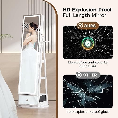 HWB Jewelry Cabinet with LED Mirror, 360° Swivel & Remote Control, White | Remote-controlled RGB LED Lighting, Spacious Storage with Shelves and Drawer thumbnail 6