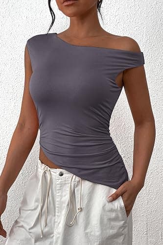 PRETTYGARDEN Womens 2025 Summer Off The Shoulder Crop Tops Sleeveless One Shoulder Ruched Asymmetrical Y2K Going Out Tank Top thumbnail 7