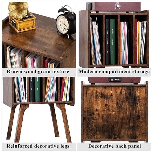 LELELINKY Record Player Stand, Brown Vinyl Record Storage Table, Patented | Mid-Century Modern Turntable Stand with Wood Legs, 4 Cabinets, Up to 100 Albums, Vinyl Holder Shelf for Bedroom Living Room thumbnail 9