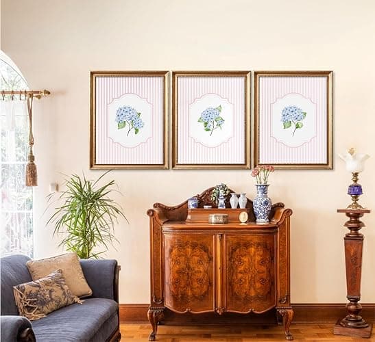 Blue Hydrangea Wall Art Pink Striped Rustic Farmhouse Floral Pictures Wall Decor Cottagecore Botanical Posters Vintage Grandmillenial Flower Painting Print Artwork for Girls Room Dorm, Unframed thumbnail 4