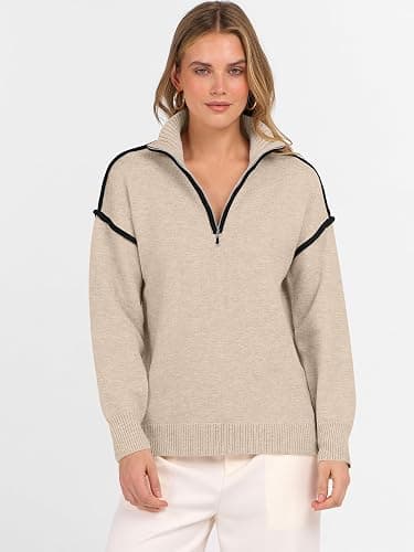 ANRABESS Womens Quarter Zip Sweaters Fall Long Sleeve V Neck Shirts Collared Business Casual Tops Knit Pullover Sweatshirts thumbnail 4