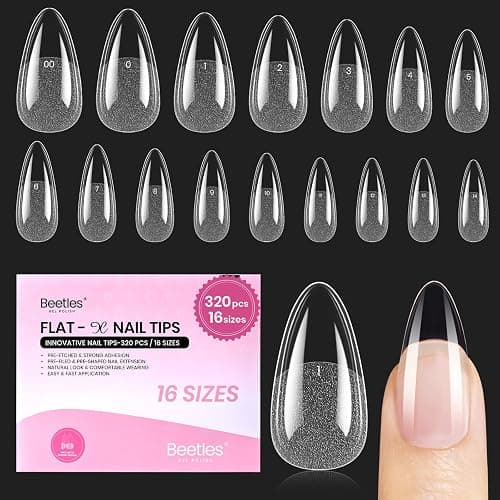 Beetles Gel Nail Tips Flat-X - Almond Medium, 320pcs 16 Sizes, Pre-Etched Half Matte Full Cover Soft Acrylic Press on False Nail Extension Tips Easy DIY Salon for Flat & Natural Nail Beds - Image 1