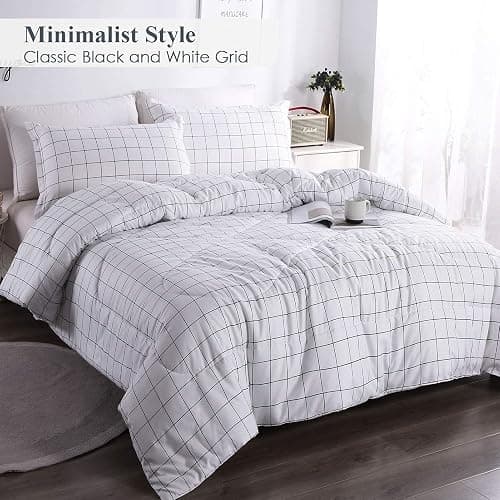 Andency White Grid Comforter Set Full Size (79x90 Inch), 3 Pieces(1 Grid Comforter and 2 Pillowcases), Summer Lightweight Microfiber Down Alternative White Comforter with Black Lines - White - Full (79*90 in) thumbnail 6