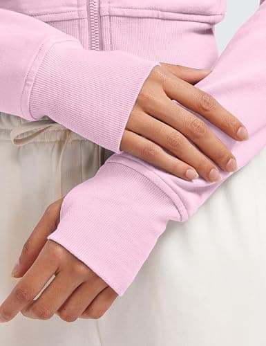 CRZ YOGA Womens Fleece Zip Up Cropped Hoodie Workout Jacket Athletic Casual Long Sleeve Sweatshirts with Thumb Holes - Small - Pink Peony thumbnail 4