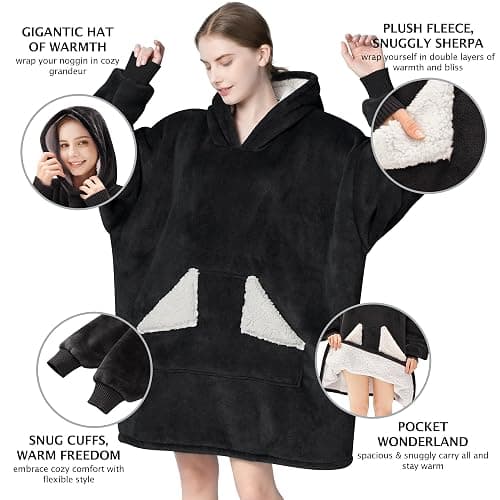 Touchat Wearable Blanket Hoodie, Oversized Sherpa Blanket Sweatshirt with Hood Pocket and Sleeves, Gifts Hooded Blanket for Adult Women Men (Black) thumbnail 3