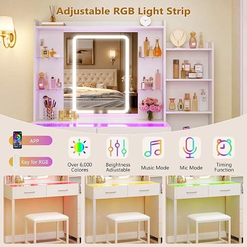 HUAHUU Vanity Desk with Mirror and Lights 3 Colors, 43.3" Makeup Vanity with Glass Top & RGB Light, White Vanity Table Set with Stool, 5 Drawers & Power Outlet for Bedroom Dressing Room thumbnail 4