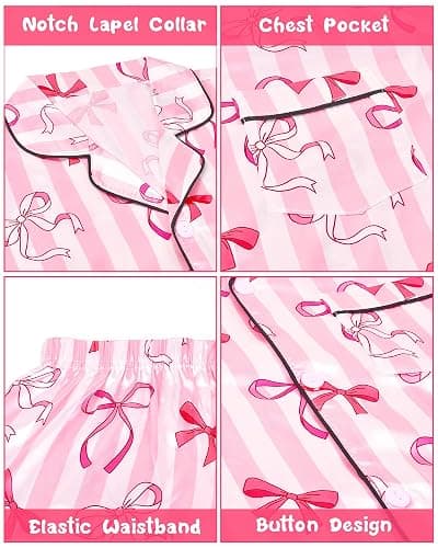 Nidoul Girls Pajamas Satin Pajama Set Silk Pjs Short Sleeve Button Down Summer Bow Sleepwear for Big Kids 7-14Y thumbnail 7