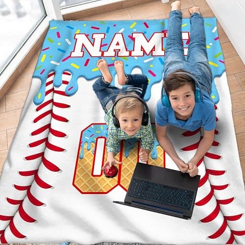 Ice Cream Baseball Blanket for Boys Girls Custom Kids Blanket Gift for Baseball Lovers, Cozy Light Blue Fuzzy Flannel Throw for Living Room Camping Club thumbnail 2