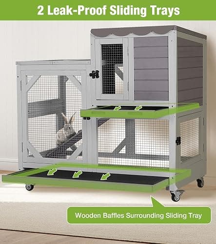 GUTINNEEN Duplex Rabbit Hutch Indoor with Chew-Proof Frame & 2 Leak-Proof Sliding Trays, Rain Cover, Wooden Guinea Pig Cages with Wheels - Grey thumbnail 2