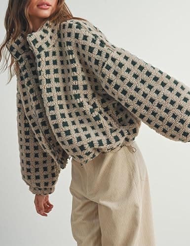 Esmeling Women’s Long Sleeve Cropped Sherpa Fleece Plaid Jacket Casual Chunky Teddy Fleece Outerwear thumbnail 6
