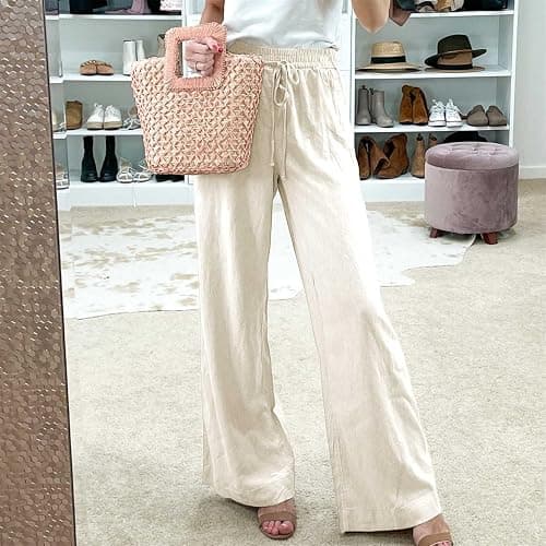 Duyang Womens Cotton Linen Palazzo Pants Drawstring Elastic Waist Casual Wide Leg Trousers with Pockets thumbnail 7