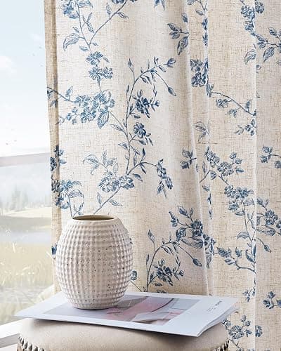 jinchan Linen Floral Curtains for Living Room 84 Inch Length Blue Printed Curtains Back Tab French Country Farmhouse Flower Patterned Drapes Bedroom Window Curtain Set 2 Panels - Image 1