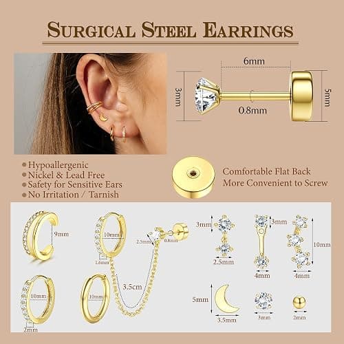 Florideco 14K Gold Plated Earrings for Women Hypoallergenic 20G Surgical Stainless Steel Flat Back Stud Earrings Dainty Stackable Earring Stacks Small Cartilage Earring Sets for Multiple Piercing thumbnail 4
