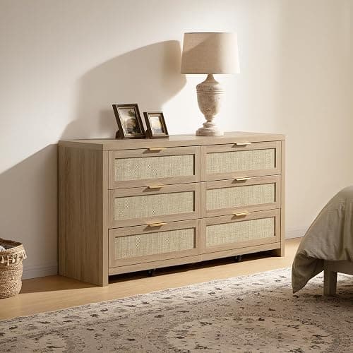SICOTAS Rattan Dresser for Bedroom, 56.9" Wide 6 Drawer Dresser with Ample Storage, Dressers Large Chest of Drawers, Closet, Boho TV Stand for Bedroom (Reclaimed Light Oak, 1 Piece) thumbnail 2