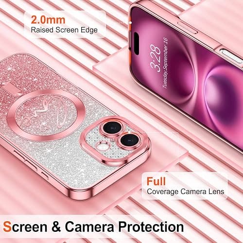 Hython for iPhone 16 Plus Case Glitter, Compatible with MagSafe Love Heart Magnetic Clear Phone Cases Women Girls, Full Camera Protection Sparkle Plating Shockproof Protective Cover, Pink thumbnail 4