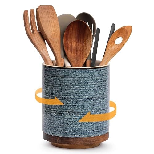 DOWAN 360° Rotating Extra Large Cooking Utensil Holder, 7.6" Kitchen Utensil Holder for Countertop, Utensil Crock for Farmhouse Kitchen Decor, Ceramic Stable Utensil Caddy, Blue - Image 1
