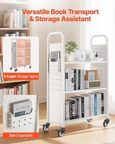 VEVOR Rolling Library Book Cart, 330 lbs Capacity, 30.3 x 15 x 48.0-Inch Library Cart, Single Sided L-Shaped Shelves with 3-Inch Lockable Wheels, Book Truck for Home Shelves Office and School, White thumbnail 4