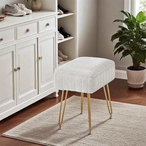 FUXA Vanity Stool Chair with Storage, White Faux Fur Makeup Chair with 4 Metal Legs and Anti-Slip Feet, Soft Padded Seat, Small Footrest Footstool Ottoman, Multifunctional Stool for Bedroom thumbnail 8