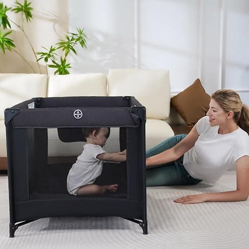Pamo Babe Compact Pack and Play - Portable Crib for Baby, Lightweight Foldable Travel Playard with Mattress Pad & Carry Bag, Safe Breathable Travel Bed for Home, Trips & Family Visits, Black thumbnail 2