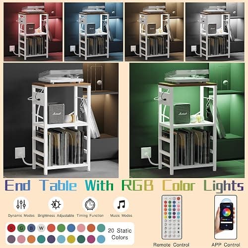 YAKANJ End Table with LED Light,Record Player Stand with Charging Station,Vinyl Records Storage,Turntable Stand Albums Storage for Music Room Studio-Industry White thumbnail 5
