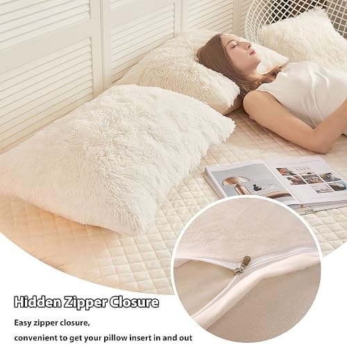 LIFEREVO Fluffy Faux Fur Standard Pillow Cases Set of 2, Beige | Soft Plush Shaggy Bed Pillowcases 20x26 with Hidden Zipper, Washable Decorative Fuzzy Long Pillow Shams for Bed Sofa Office thumbnail 5