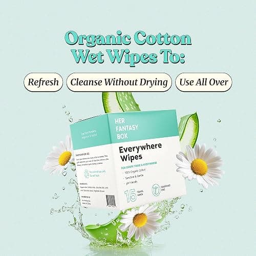 Her Fantasy Box | Everywhere Wipes – 100% Organic Cotton, Gentle & Refreshing, pH-Balanced, Fragrance-Free, Plant-Powered for Body, Face & Intimate Areas, Ideal for Sensitive Skin - 1 Pack, 15 Wipes thumbnail 2