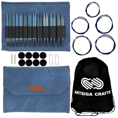 Lykke Indigo 5 in. Complete Set US 4, 5, 6, 7, 8, 9, 10, 10.5, 11, 13, 15, 17 Interchangeable Circ. Knitting Needles for DK, Worsted, Super Chunky Yarn, Birch, 5 Cords, Azure DM Case, Project Bag - Image 1
