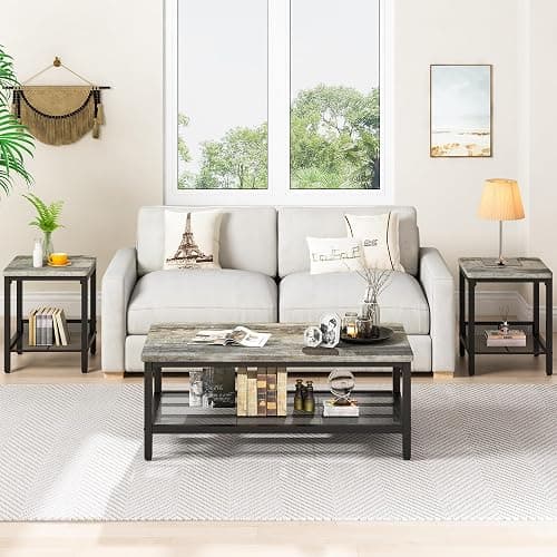 AWQM Coffee Table Set of 3, Industrial Coffee Table with 2 Square End Side Tables, Modern Living Room Table Set with Metal Frame for Apartment Home Office, Grey thumbnail 4